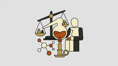 A person sits next to a balance scale, a distillation flask heated by a candle, and a molecular model.