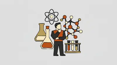 A person in a thinking pose surrounded by scientific icons including an atom, a molecular structure, and laboratory glassware.