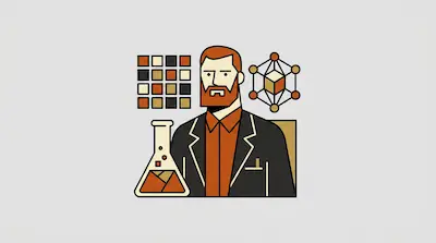 A bearded man in a suit is surrounded by a grid of squares, a geometric molecular structure, and a laboratory flask.
