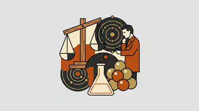 A man in a suit looks at a tablet next to a balance scale, an Erlenmeyer flask, and atomic models.