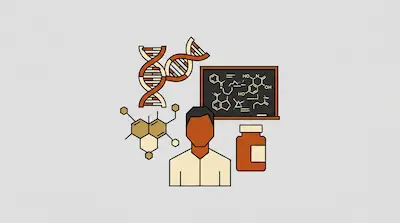 A person is surrounded by a DNA double helix, a molecular structure, a chalkboard with chemical formulas, and a medicine bottle.