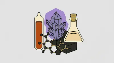 A test tube with orange liquid, a molecular model, purple crystals, and an Erlenmeyer flask.