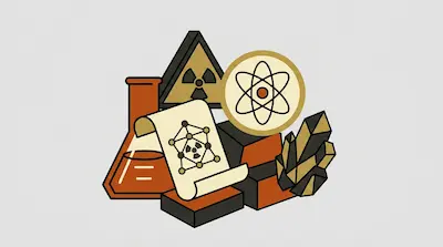A collection of stylized scientific icons including a beaker, radiation symbols, an atom diagram, a scroll, and crystals.