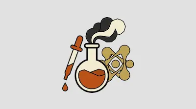A round flask with orange liquid and rising smoke, a dropper with a falling drop, and an atomic model.