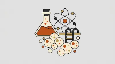 A flask with orange liquid, an atom model, and a pool ladder above a cluster of spotted bubbles.