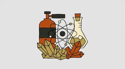 A gas cylinder, an atom model, a laboratory flask, and several crystals.