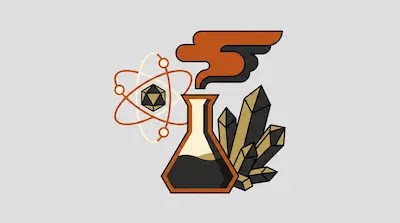 A stylized Erlenmeyer flask emitting orange smoke is flanked by an atom model with a 20-sided die nucleus and a cluster of crystals.