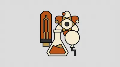 A vacuum tube, an Erlenmeyer flask with orange liquid, an atom model, and a balloon.