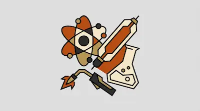 Stylized icons of an atom, a syringe, an Erlenmeyer flask, and a blowtorch.