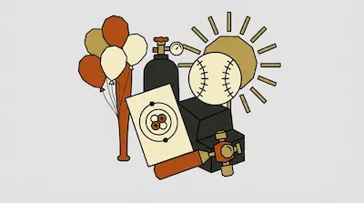 A collection of stylized icons including balloons, a baseball bat, a gas cylinder, a sun, a baseball, and an atomic diagram.