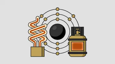A stylized atom model behind a spiral heating element and a gas canister.