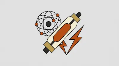 A minimalist graphic of an atom model, a vacuum tube, and a lightning bolt in orange and tan.