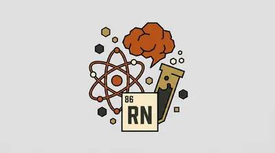 An atom symbol, a periodic table tile reading Rn 86, a test tube, and a cloud of gas.