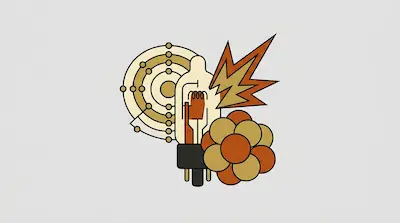 An atom model, a vacuum tube, a jagged spark, and a cluster of spheres.