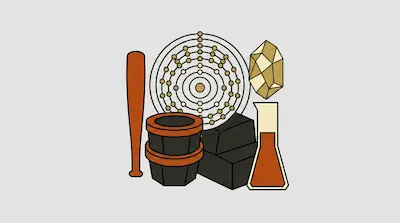 A baseball bat, an atomic model, a crystal, stacked bowls, dark blocks, and a flask with liquid.
