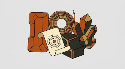Stylized orange and black crystals, a coil of wire, and a scroll with an atomic diagram.