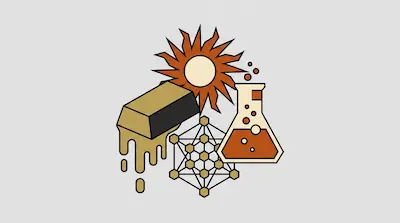 A stylized sun, a melting gold bar, a conical flask with liquid, and a geometric molecular structure.