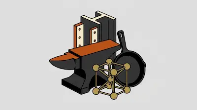 An anvil, an I-beam, a cast-iron skillet, and a crystal lattice structure are grouped together.