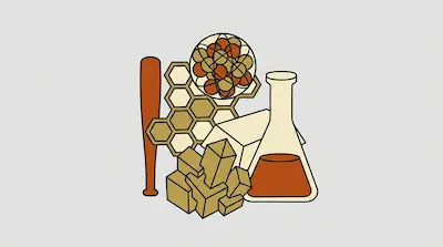 A baseball bat, honeycomb, molecular model, beaker with orange liquid, and geometric blocks are grouped together.