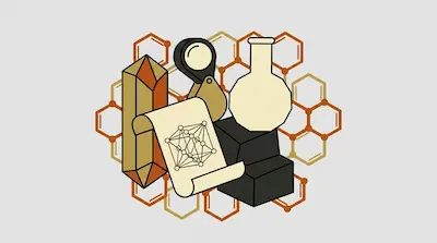 A crystal, a magnifying glass, a scroll with a lattice diagram, and a laboratory flask are arranged over a background of hexagonal patterns.
