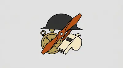 Flat illustration of a black military helmet, a gold compass, a wooden propeller, and a whistle on a gray background