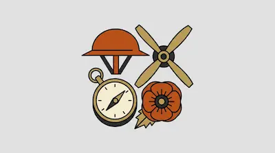 Flat illustration of a military helmet, an airplane propeller, a compass, and a red poppy on a gray background