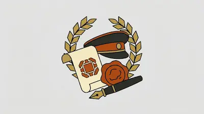 Flat illustration of a military cap, a fountain pen, and a scroll with a wax seal inside a golden laurel wreath
