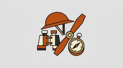 Flat illustration of vintage exploration gear including a pith helmet, binoculars, and a compass on a gray background