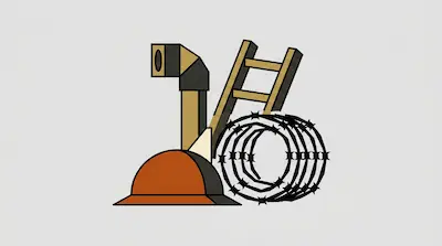 Flat illustration of a construction hard hat, a wooden ladder, and a coil of barbed wire against a light gray background