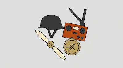 Flat illustration of a black military helmet, a brown radio with antennas, a compass, and a wooden airplane propeller