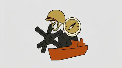 Flat illustration of a military helmet, a compass, a tank trap, and a ship on a plain light gray background