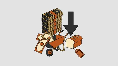 A stack of bundled banknotes, a wheelbarrow with cash spilling out, a downward arrow, and a loaf of bread with a price tag.