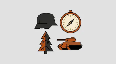 Flat illustration of a military helmet, a compass, a pine tree, and a tank in orange and black on a grey background