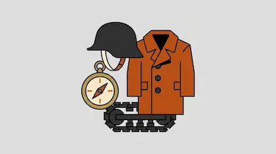 Flat illustration of a brown trench coat, a black military helmet, and a gold compass over a tank tread track.
