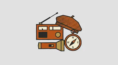Flat illustration of a vintage radio, a textured brown beret, a flashlight, and a compass on a light gray background