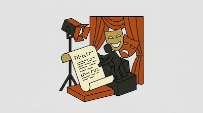 A spotlight, a large scroll, and a silhouette figure are positioned in front of theater masks and orange curtains.