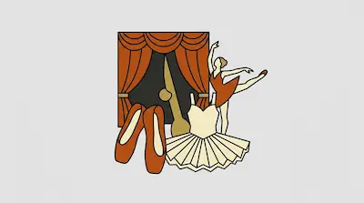 A ballerina dances in front of red stage curtains next to a tutu and a pair of ballet shoes.
