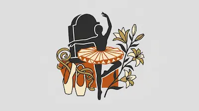 A silhouette of a ballerina in a tutu stands before a tombstone, accompanied by ballet slippers and a stem of lilies.