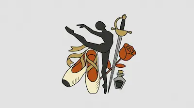 A silhouette of a dancer in a pose, accompanied by a pair of ballet shoes, a sword, a rose, and a small vial.