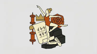 A ballerina in a leotard poses among a crown, a large rose, a scroll with dance diagrams, and pointe shoes.
