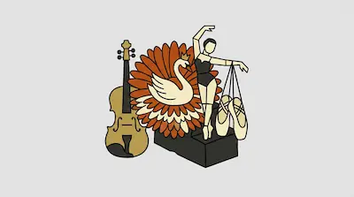 A graphic composition of a violin, a crowned swan against an orange floral backdrop, and a ballerina holding ballet shoes.