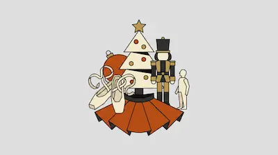 A stylized graphic of a white Christmas tree, a nutcracker, ballet shoes, and a large orange ornament.