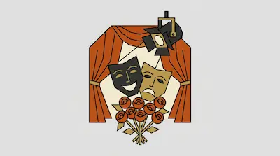 Comedy and tragedy masks are centered between orange stage curtains, with a spotlight above and a bouquet of roses below.