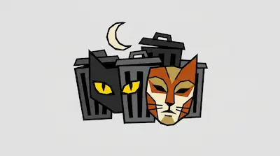 Flat illustration of two cat faces in front of trash cans under a crescent moon, using a geometric and angular art style.