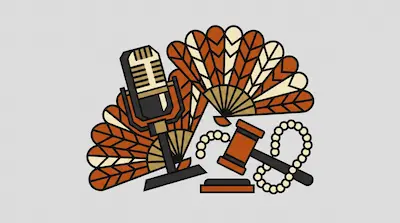 Flat illustration of a vintage microphone, two orange folding fans, a pearl necklace, and a judge gavel on a gray background