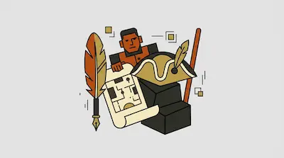 A stylized figure stands behind a large quill pen, a map, a bicorne hat, and a staff.