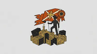 A silhouette of a person stands on a pile of wooden crates, holding a tattered orange flag with a cross.