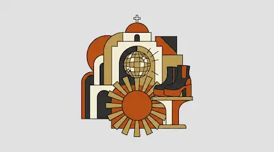 Flat illustration of a church building with a disco ball, platform boots, and a sun icon in orange and tan tones