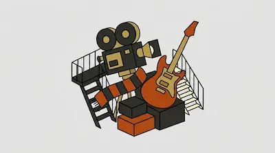 Flat illustration of a vintage film camera, an electric guitar, and a fire escape ladder on a light gray background