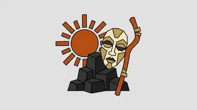 A stylized sun, a pile of dark blocky rocks, a geometric mask, and a curved wooden staff.